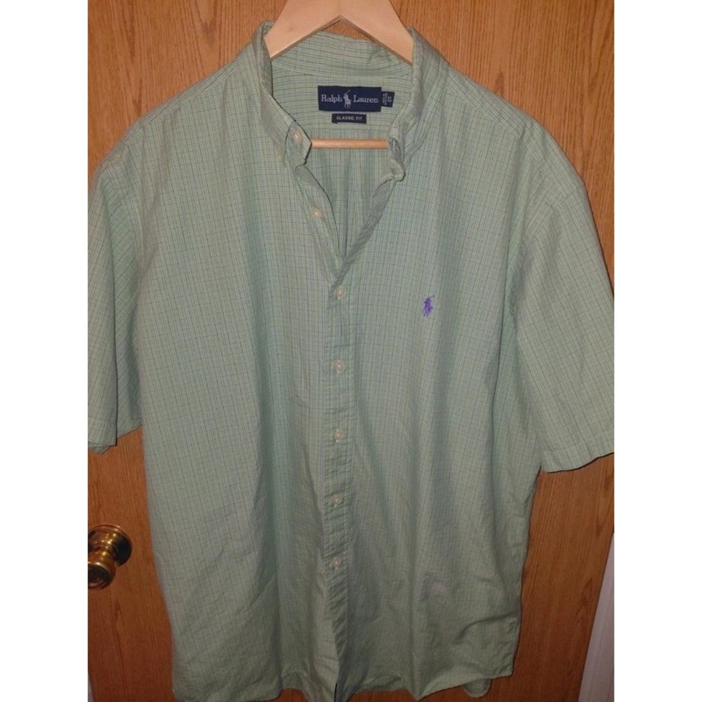 Ralph Lauren Classic Fit Mens XL Short Sleeve Button Down Shirt Green Blue Check